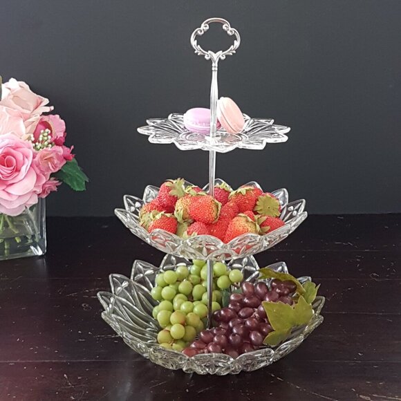 Hand Crafted 3 Tier Federal Glass Petal Flower Cake Stand Tea Party Fruit Bowl - Picture 3 of 14